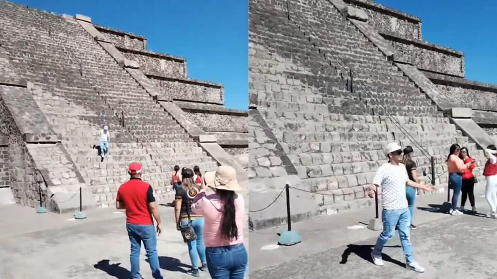 Turista sube a la pirámide de la Luna en Teotihuacan y es bajado por visitantes