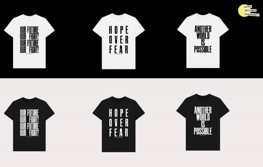 Lanzamiento de la campaña de camisetas ‘Hope Over Fear’ de Music Declares Emergency junto a IDLES y Yard Act